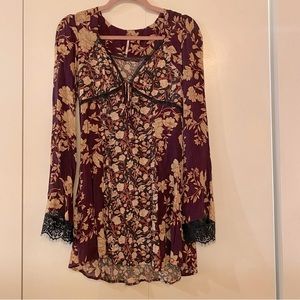 Free People Bohemian Mini Dress with Lace Trim Size XS